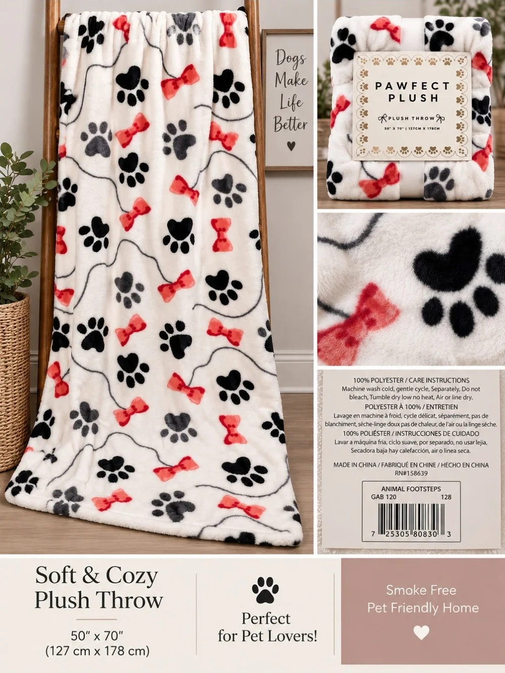 Pet Lovers Throw - White with Black Paw Prints and Red Bows